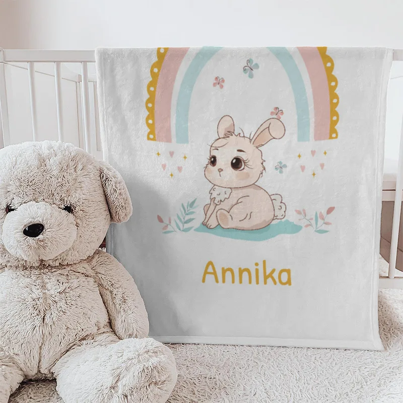 Babydecke Häschen mit Regenbogen - mit Namen personalisierbar Hase 75 x 100 cm