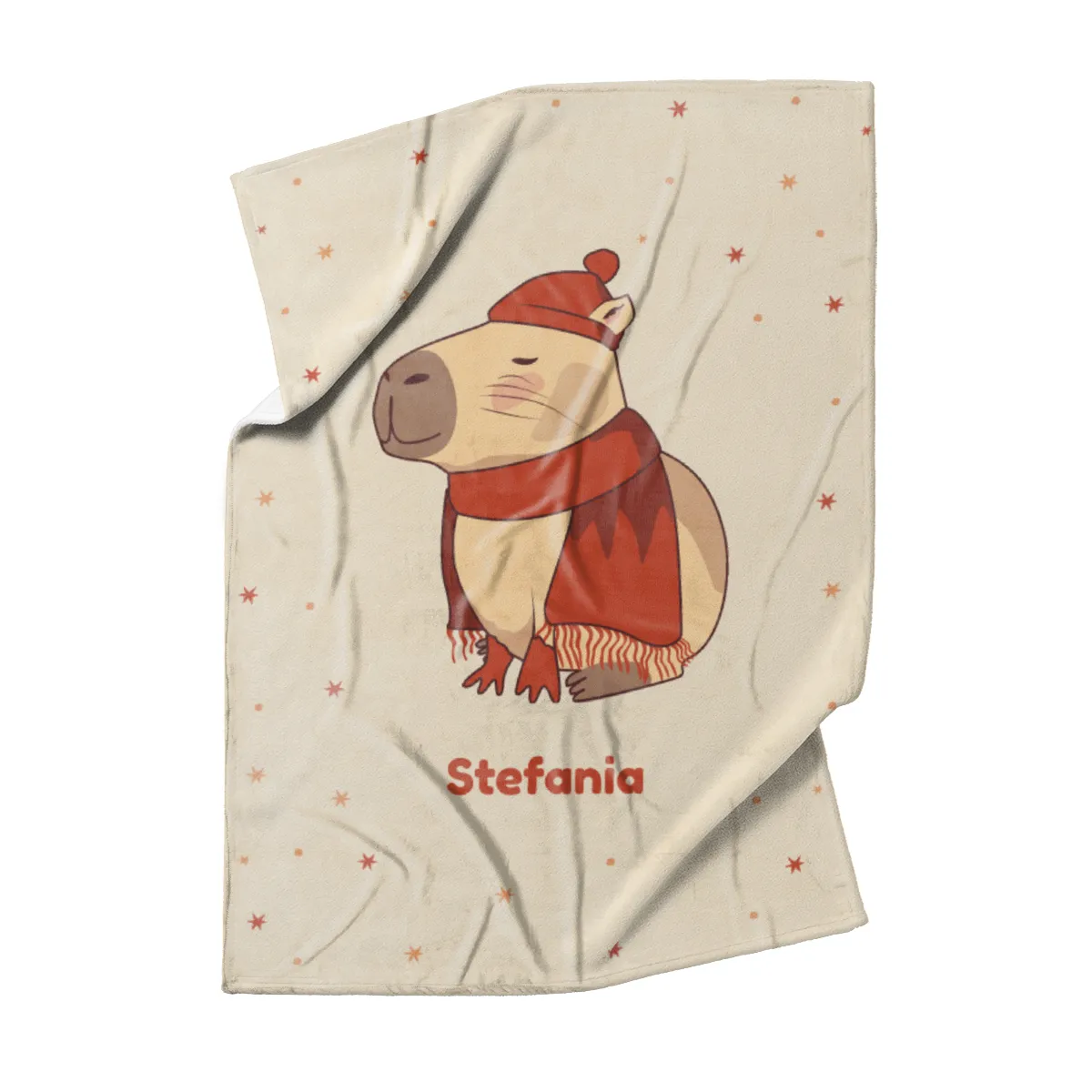 Wohndecke mit Namen personalisierbar, Kuscheldecke, niedliche Namensdecke mit Capybara, Geschenkidee Geburtstag Motiv Capy Wintermütze 140 x 200 cm