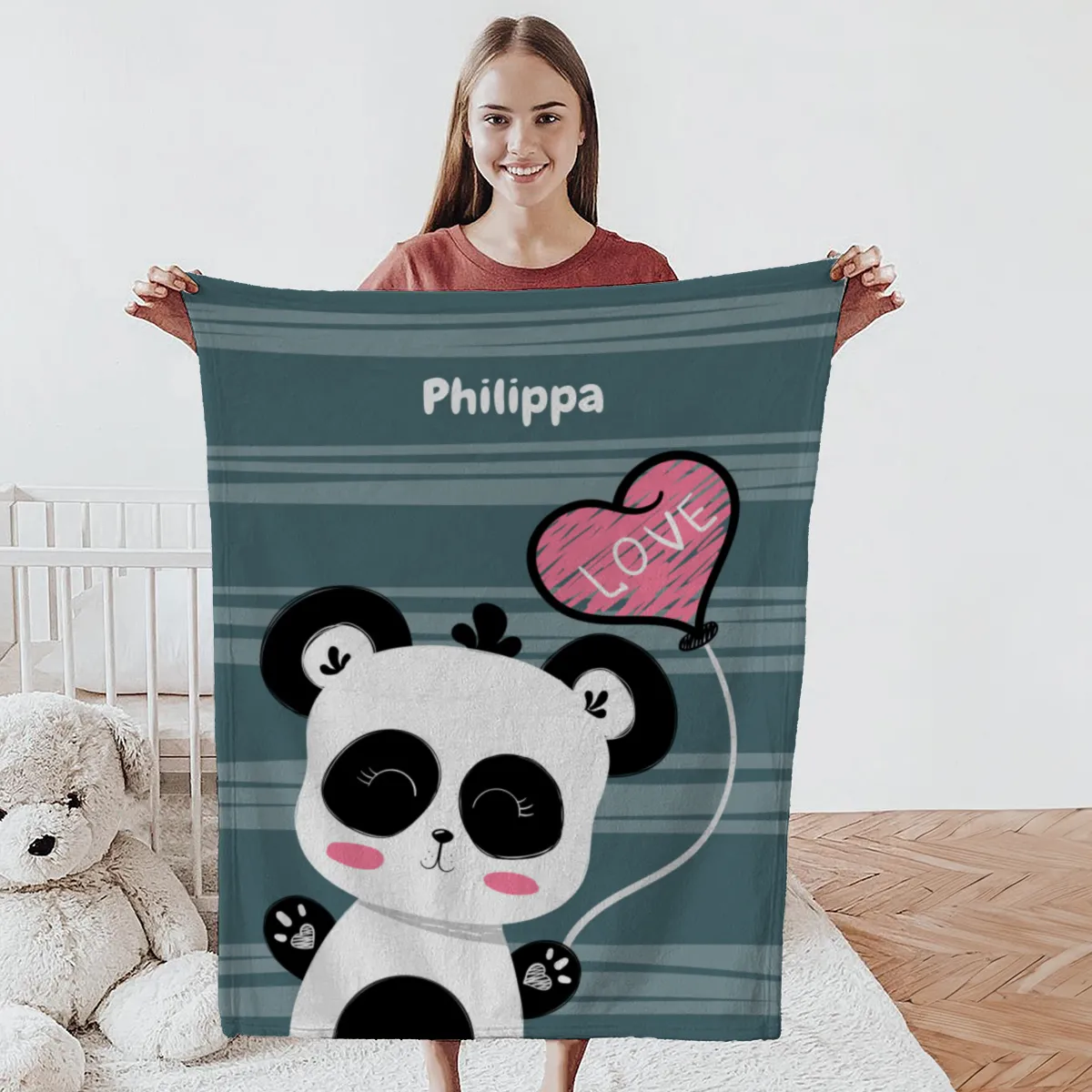 Babydecke mit Namen personalisierbar, Kuscheldecke, Namensdecke mit niedlichem Tiermotiv, Geschenkidee Geburtstag Motiv Panda Love 75 x 100 cm