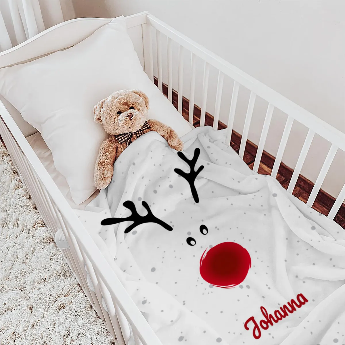 Personalisierte Babydecke Rentiernase - Babydecke mit Namen und Rentiermotiv - Babydecke mit Namen personalisierbar - Geschenkidee Weihnachten Baby Rentiernase 75 x 100 cm