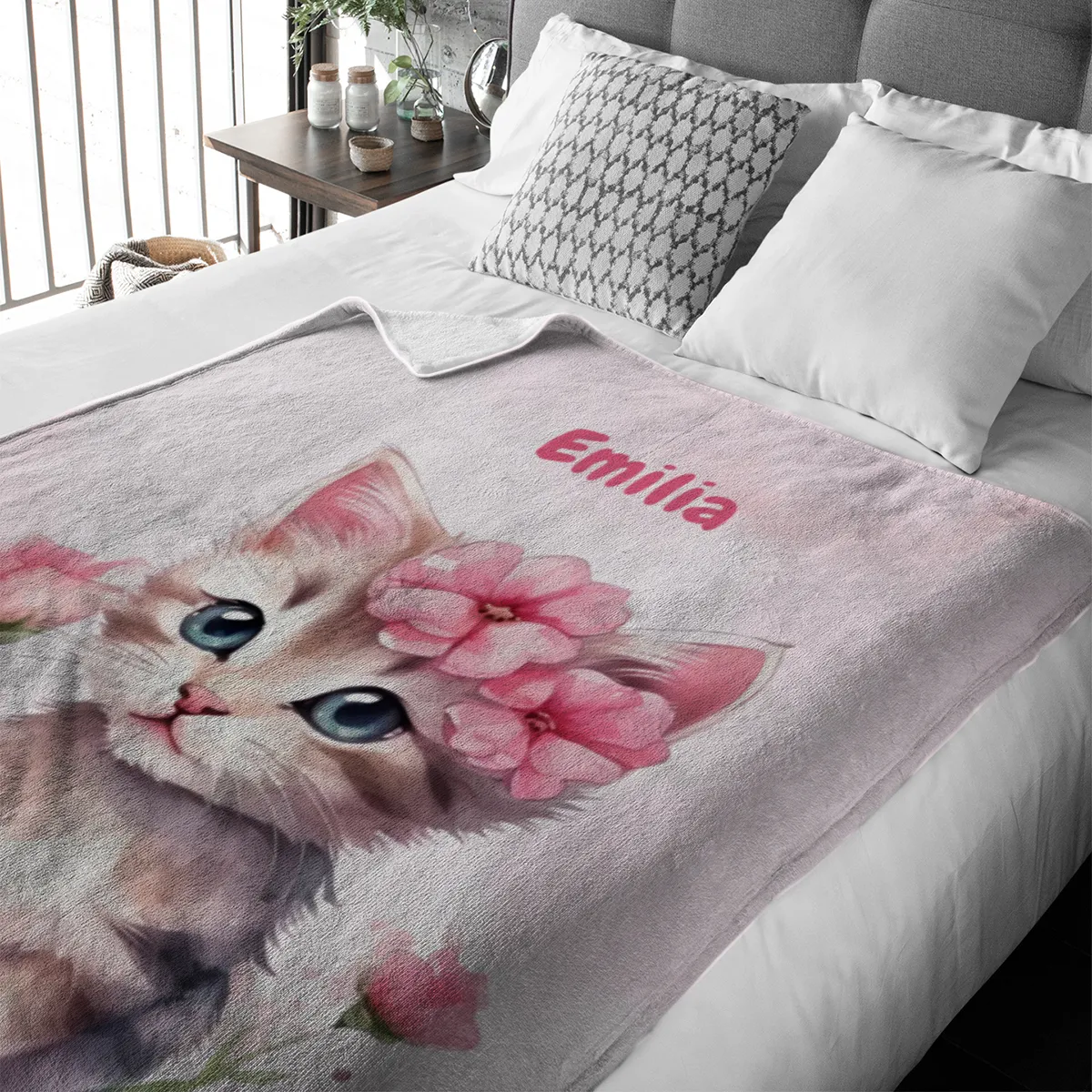 Wohndecke mit Namen personalisierbar, Kuscheldecke, Namensdecke mit süßem Kätzchen, Geschenkidee Geburtstag Motiv Katze rosa 140 x 200 cm