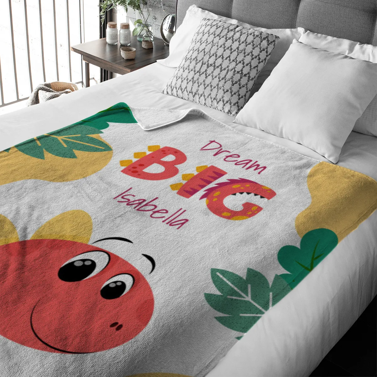 Wohndecke Dream big mit Namen personalisierbar, Kuscheldecke, Namensdecke mit niedlichem Dino, Geschenkidee Geburtstag Motiv Dino rot 140 x 200 cm