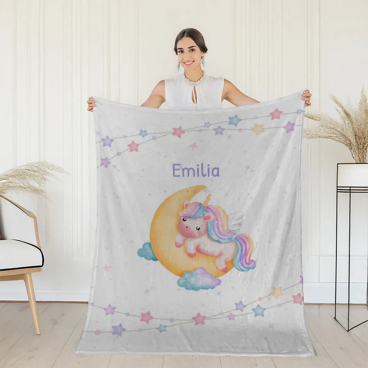 Babydecke mit Namen personalisierbar, Kuscheldecke, Namensdecke mit Einhorn, Geschenkidee Geburt Motiv Einhorn 75 x 100 cm