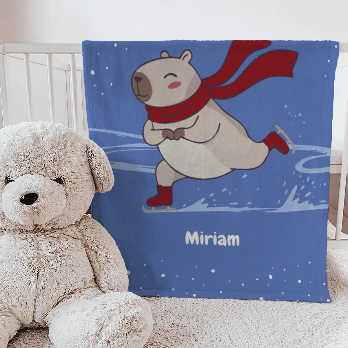 Wohndecke mit Namen personalisierbar, Kuscheldecke, niedliche Namensdecke mit Capybara, Geschenkidee Geburtstag Motiv Capy Wintermütze 140 x 200 cm