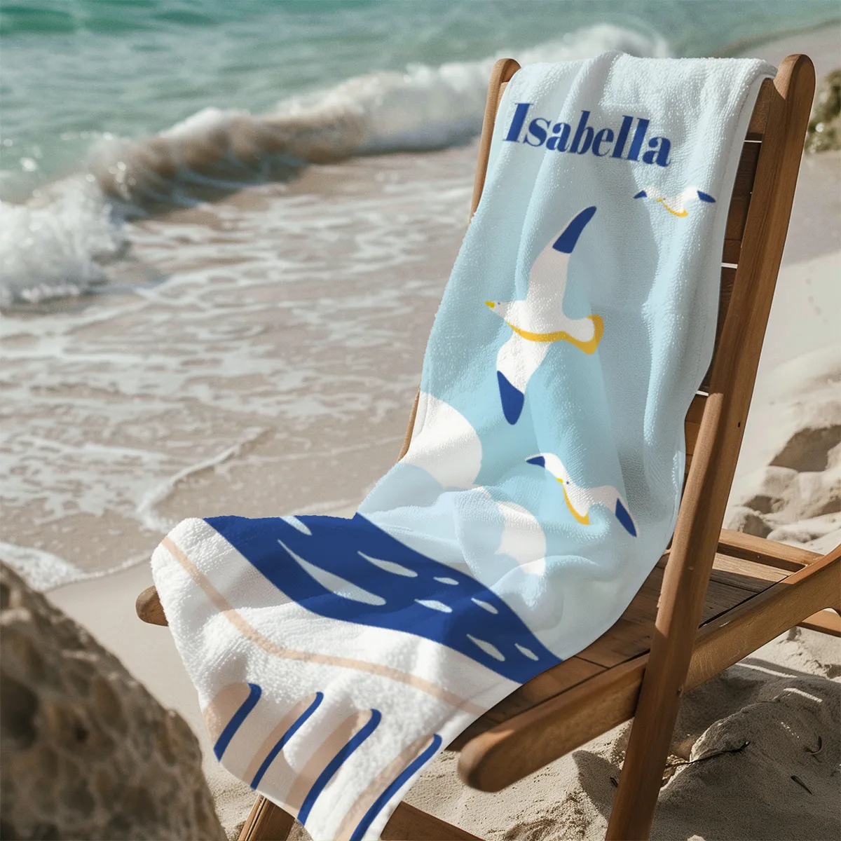 Badetuch Sommer - mit Namen personalisierbar - personalisiertes Namens-Badetuch - Strandtuch mit Wunschtext - Möwen