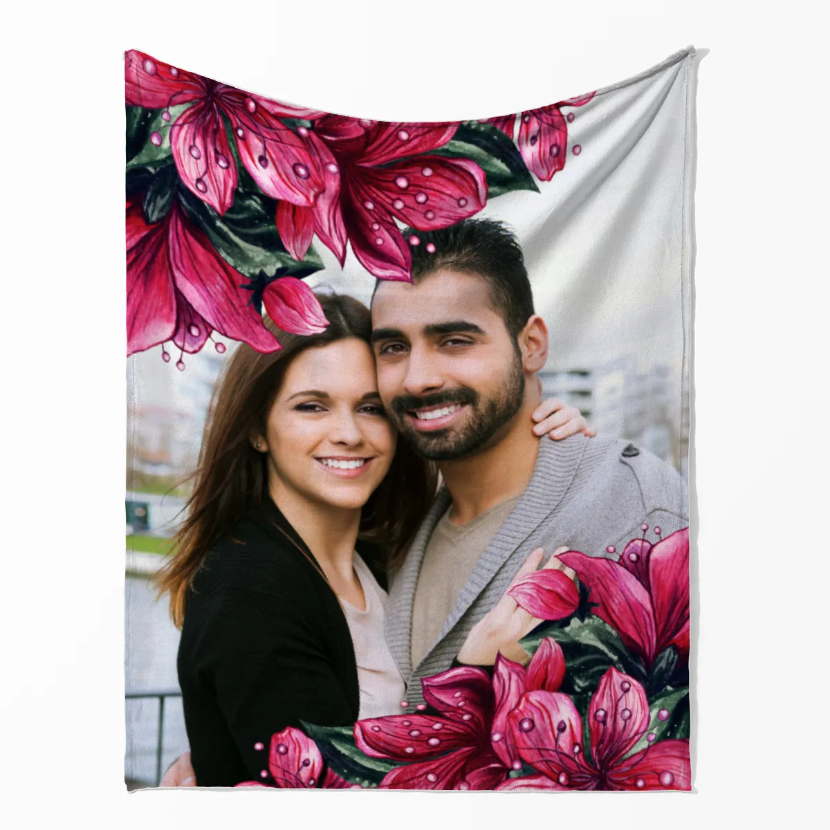 Kuscheldecke Pink Floral 140 x 200 cm mit Ihrem Bild - mit Foto personalisierbar - Fotodecke floral selbst gestalten - Geschenkidee Valentin, Hochzeit 1 Foto Pink Floral 140 x 200 cm