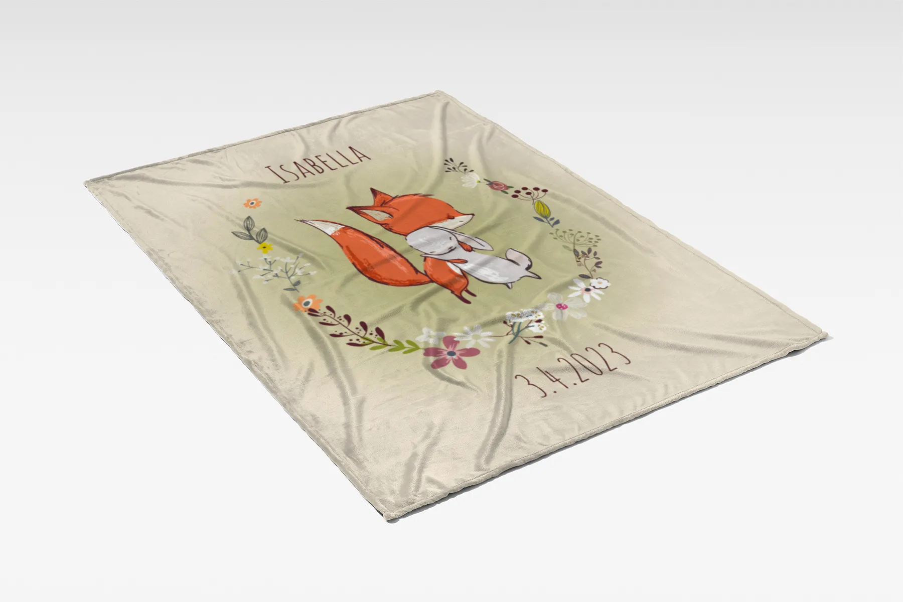 Babydecke mit Namen personalisierbar, Kuscheldecke, Namensdecke mit niedlichem Tiermotiv, Geschenkidee Geburtstag Motiv Fuchs und Hase 75 x 100 cm