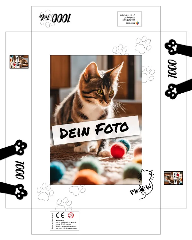 Fotopuzzle mit eigenem Bild - Puzzle selbst gestalten 1000 Teile - Schachtel Meow - mit Foto personalisiert - Geschenk Katzenfans Meow 1000 Teile Quer