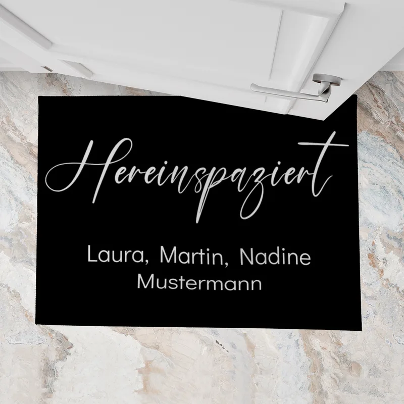 Fußmatte mit Namen personalisierbar - Geschenkidee Einzug, Geburtstag, Richtfest, Umzug - Fussmatte mit Namen - Motiv Hereinspaziert schwarz 70 x 50 cm