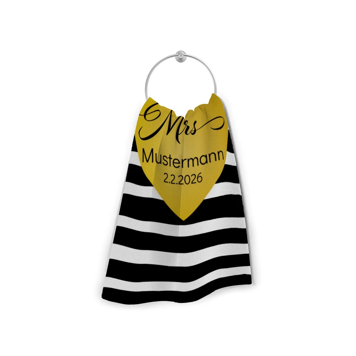 Badetuch mit Namen personalisierbar - personalisiertes Namens-Badetuch - Strandtuch mit Wunschtext - Geschenkidee Hochzeit, Paar - Motiv Misses Heart Stripes
