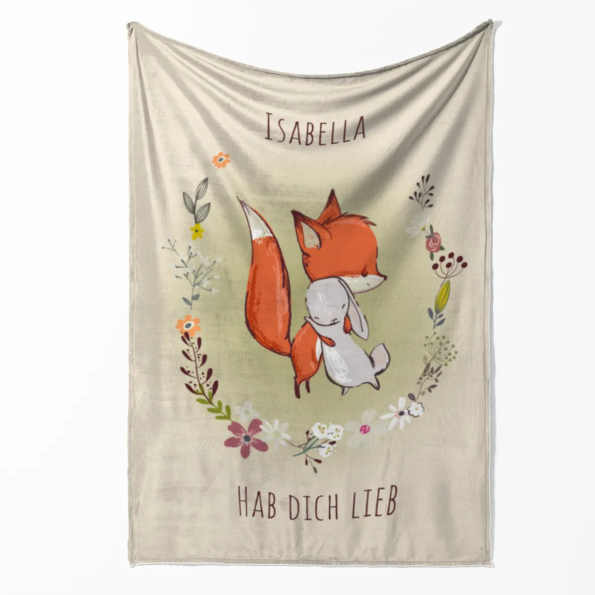 Babydecke mit Namen personalisierbar, Kuscheldecke, Namensdecke mit niedlichem Tiermotiv, Geschenkidee Geburtstag Motiv Fuchs und Hase 75 x 100 cm