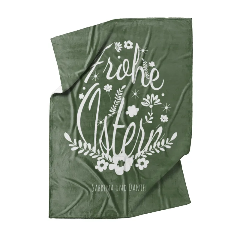 Kuscheldecke Ei Frohe Ostern grün - mit Namen personalisierbar - Geschenkidee Ostern, Osterdeko Blütenei Frohe Ostern Grün 125 x 155 cm
