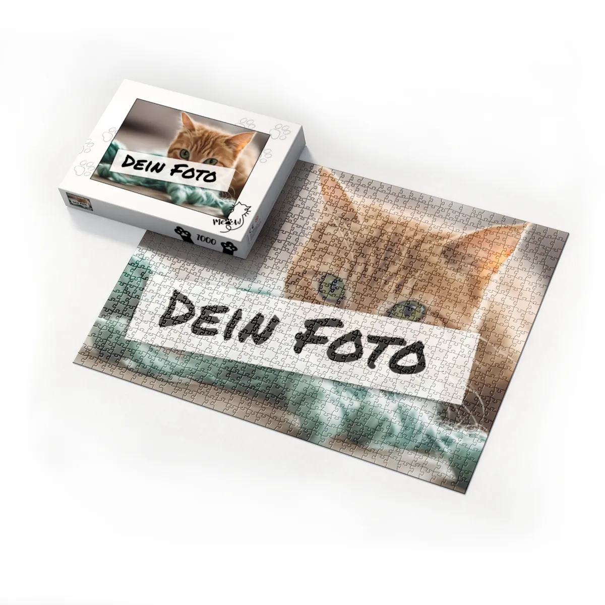Fotopuzzle mit eigenem Bild - Puzzle selbst gestalten 1000 Teile - Schachtel Meow - mit Foto personalisiert - Geschenk Katzenfans Meow 1000 Teile Quer