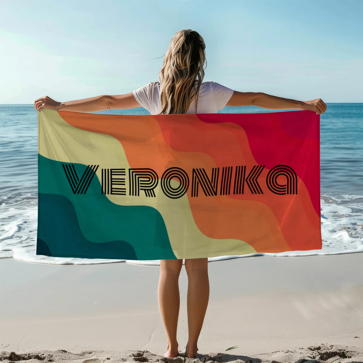 Handtuch Retrolook mit Namen personalisiert - personalisiertes Namenshandtuch - Retro Wellen