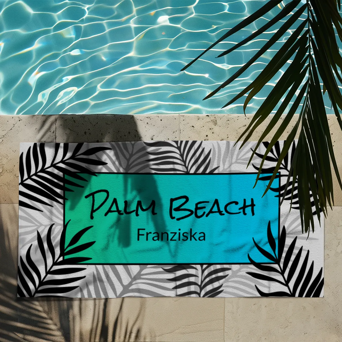 Badetuch Sommer - mit Namen personalisierbar - personalisiertes Namens-Badetuch - Strandtuch mit Wunschtext - Palmenblätter