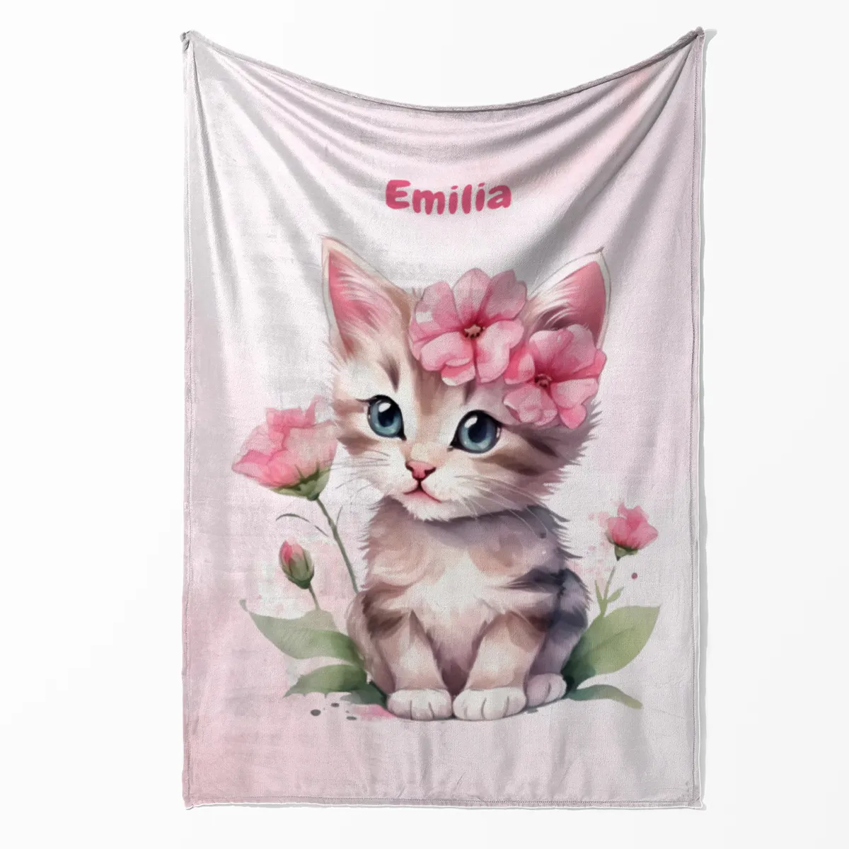 Wohndecke mit Namen personalisierbar, Kuscheldecke, Namensdecke mit süßem Kätzchen, Geschenkidee Geburtstag Motiv Katze rosa 140 x 200 cm