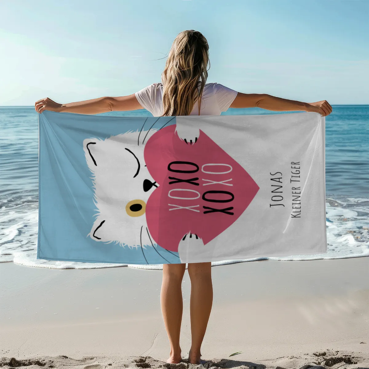 Duschtuch mit Namen personalisierbar - personalisiertes Namens-Duschtuch mit Wunschtext - XOXO Katze