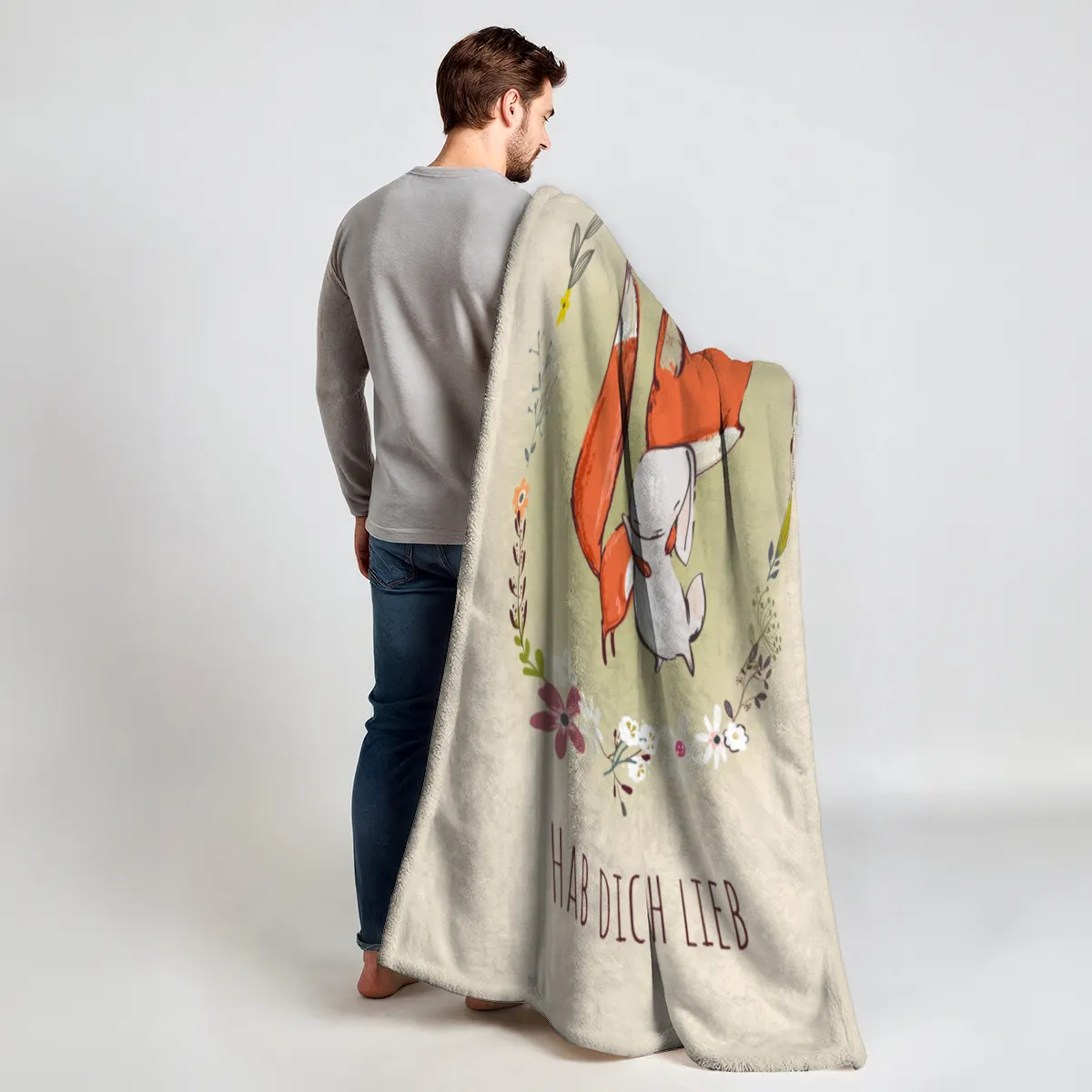 Babydecke mit Namen personalisierbar, Kuscheldecke, Namensdecke mit niedlichem Tiermotiv, Geschenkidee Geburtstag Motiv Fuchs und Hase 75 x 100 cm