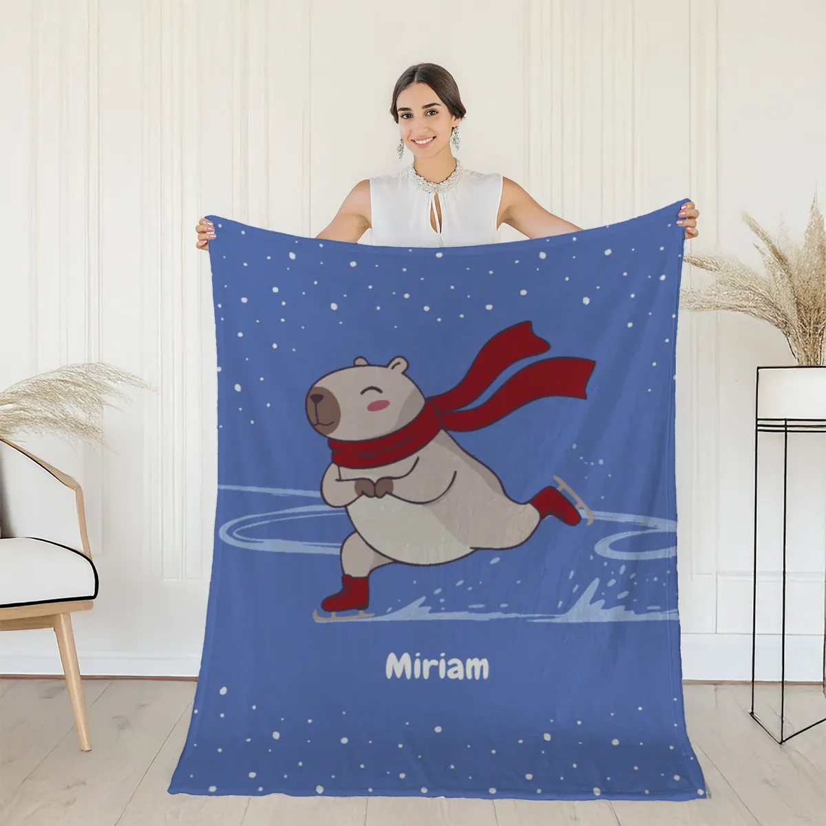 Wohndecke mit Namen personalisierbar, Kuscheldecke, niedliche Namensdecke mit Capybara, Geschenkidee Geburtstag Motiv Capy Wintermütze 140 x 200 cm