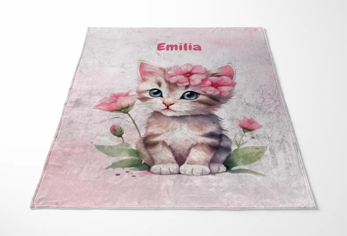 Wohndecke mit Namen personalisierbar, Kuscheldecke, Namensdecke mit süßem Kätzchen, Geschenkidee Geburtstag Motiv Katze rosa 140 x 200 cm