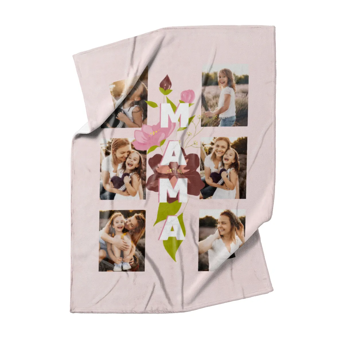 Kuscheldecke Mama Blüten 140 x 200 cm - mit 6 Fotos personalisierbar - Fotodecke selbst gestalten - Geschenkidee Muttertag Mama Blüten 6 Fotos 140 x 200 cm