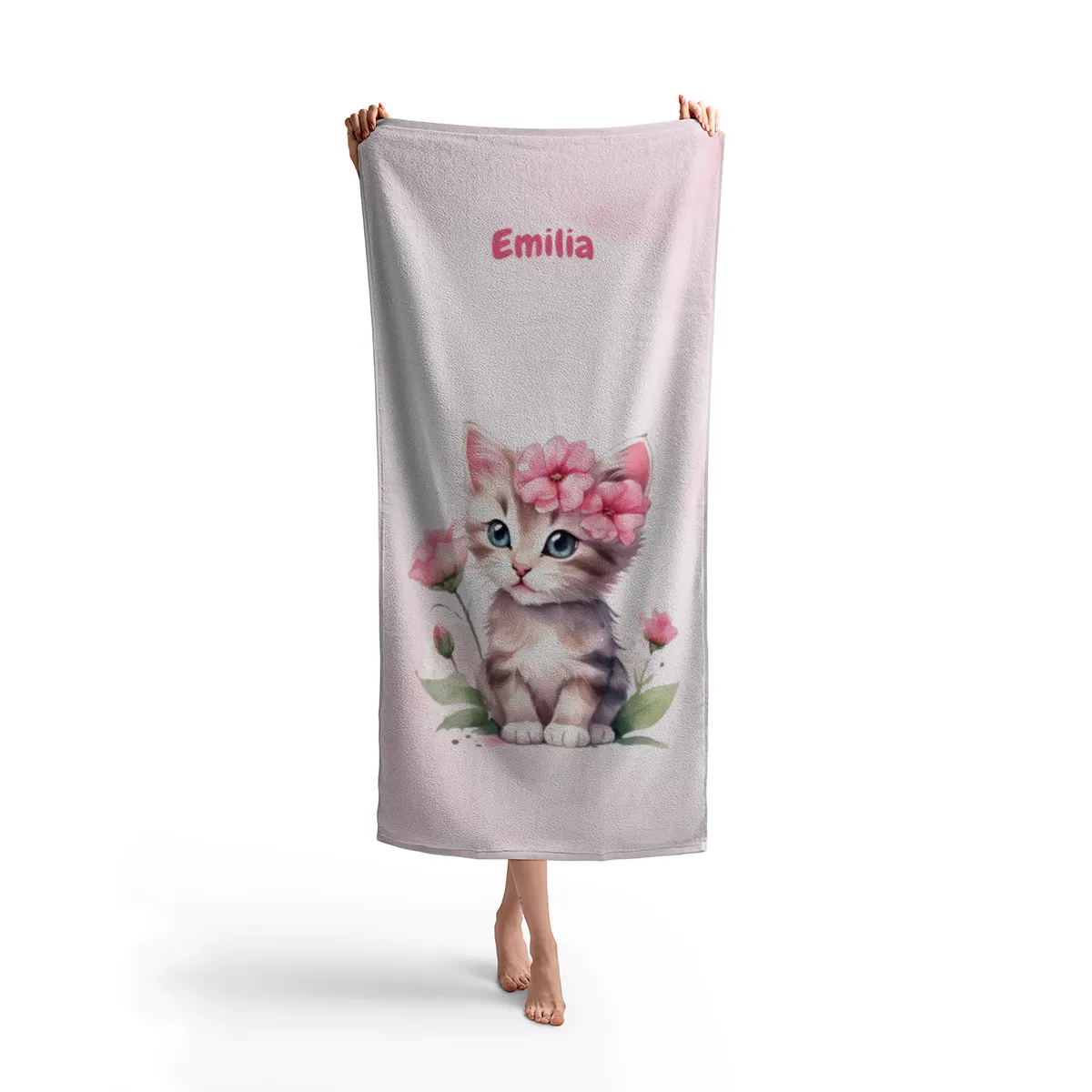 Handtuch mit Namen personalisierbar - personalisiertes Namens-Handtuch mit Wunschtext - Katze rosa