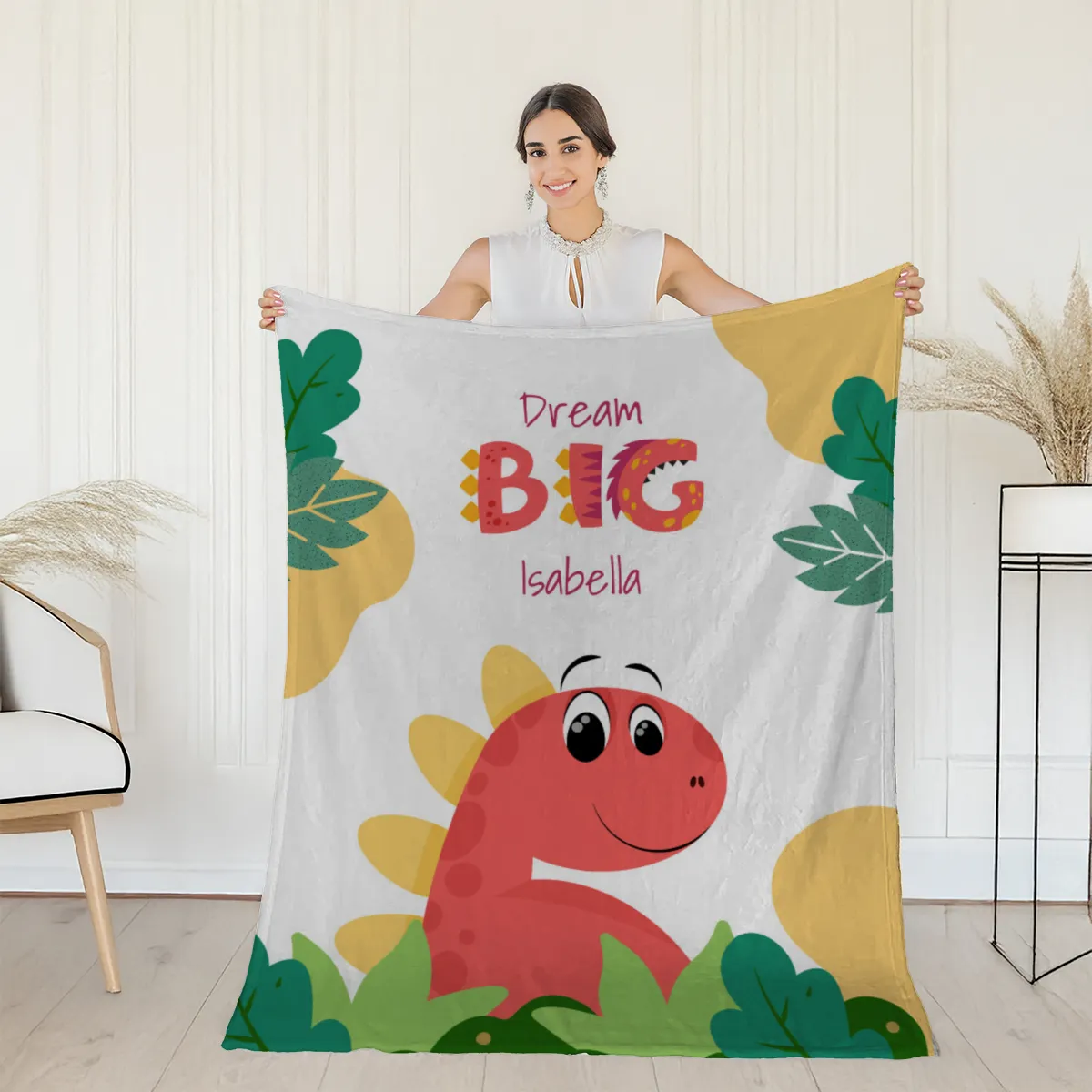 Wohndecke Dream big mit Namen personalisierbar, Kuscheldecke, Namensdecke mit niedlichem Dino, Geschenkidee Geburtstag Motiv Dino rot 140 x 200 cm