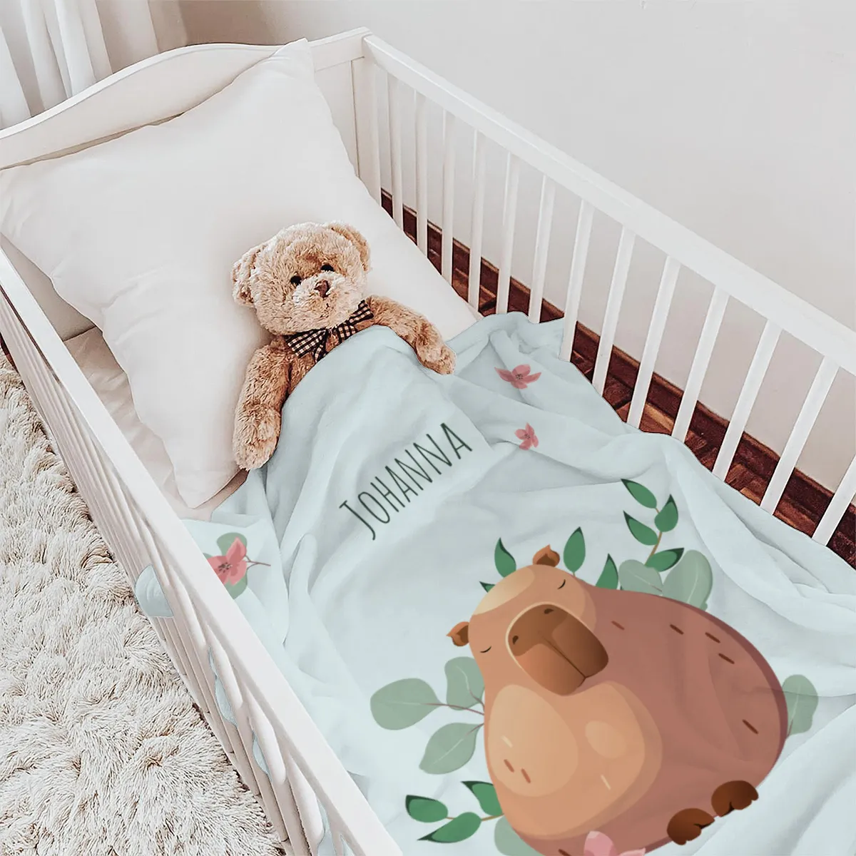 Wohndecke mit Namen personalisierbar, Kuscheldecke, niedliche Namensdecke mit Capybara, Geschenkidee Geburtstag Motiv Capy Wintermütze 140 x 200 cm