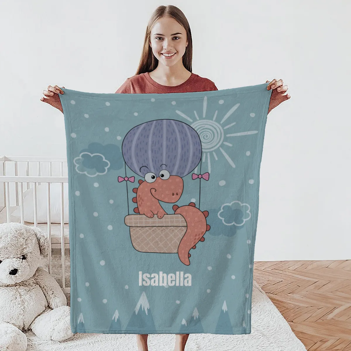 Babydecke mit Namen personalisierbar, Kuscheldecke, Namensdecke mit niedlichem Tiermotiv, Geschenkidee Geburtstag Motiv Luftfahrer Dino 75 x 100 cm