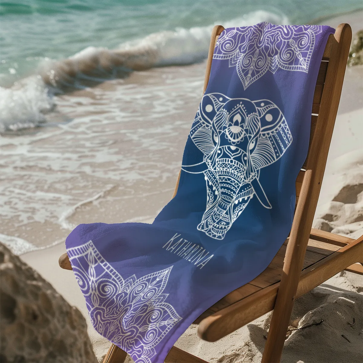 Badetuch Sommer - mit Namen personalisierbar - personalisiertes Namens-Badetuch - Strandtuch mit Wunschtext - Mandala Elefant