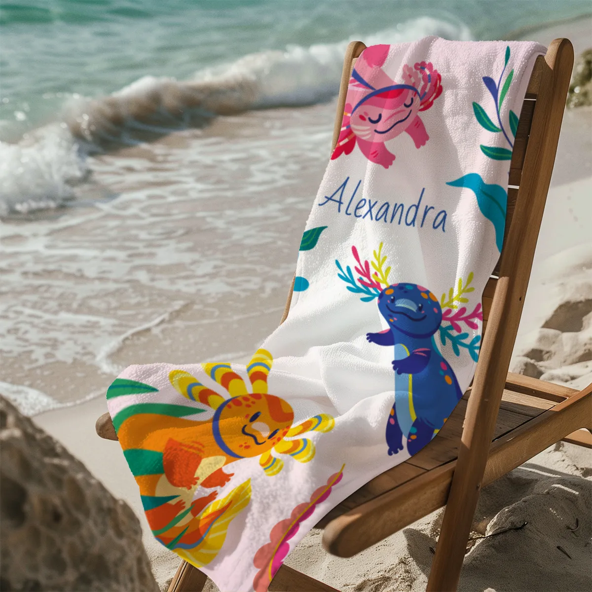 Duschtuch mit Namen personalisierbar - personalisiertes Namens-Duschtuch mit Wunschtext - Axolotls