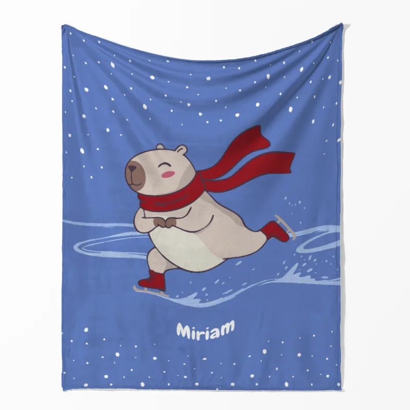 Wohndecke mit Namen personalisierbar, Kuscheldecke, niedliche Namensdecke mit Schlittschuh-Capybara, Geschenkidee Geburtstag Motiv Capy Schlittschuh 125 x 155 cm
