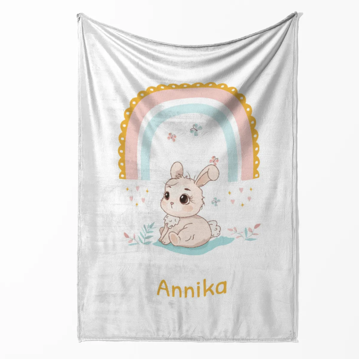 Babydecke Häschen mit Regenbogen - mit Namen personalisierbar Hase 75 x 100 cm