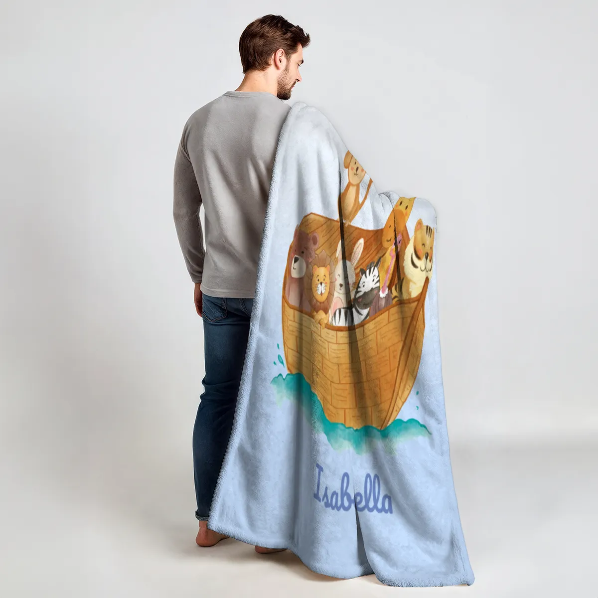 Wohndecke mit Namen personalisierbar, Kuscheldecke, Namensdecke mit niedlichem Tiermotiv, Geschenkidee Geburtstag Motiv Tiere Arche 140 x 200 cm