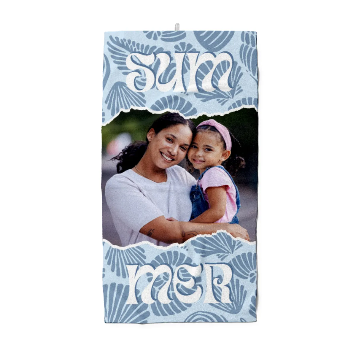 Strandtuch blau Sommer - mit Foto personalisierbar - Foto-Badetuch im Muscheldesign - Muscheln blau