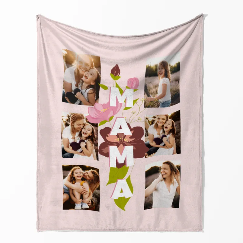 Kuscheldecke Mama Blüten 125 x 155 cm - mit 6 Fotos personalisierbar - Fotodecke selbst gestalten - Geschenkidee Muttertag Mama Blüten 6 Fotos 125 x 155 cm