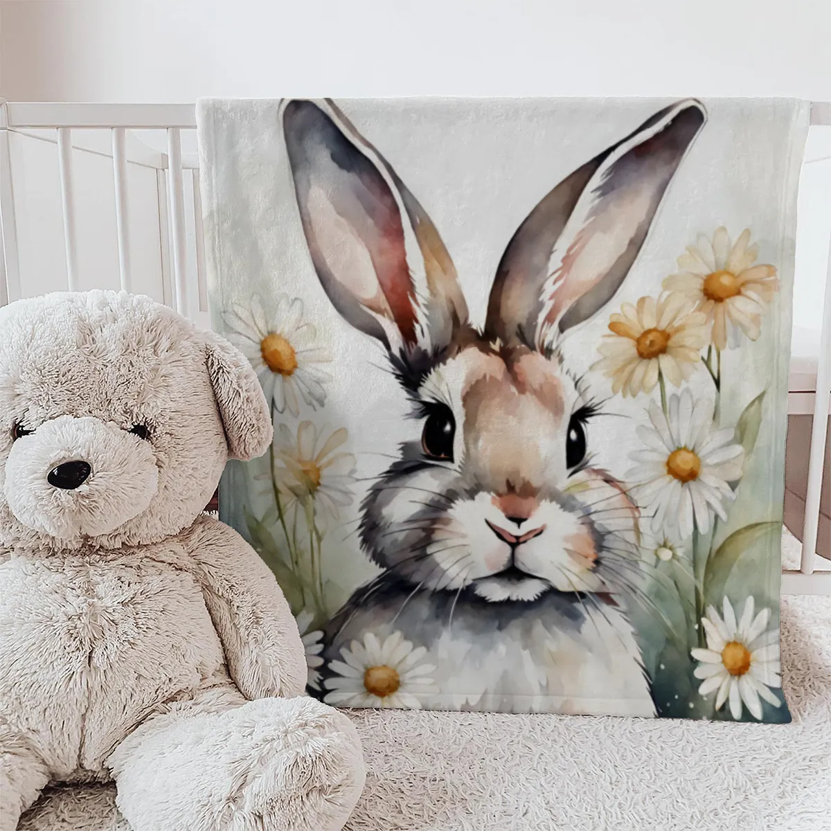 Babydecke mit Namen personalisierbar, Kuscheldecke, Namensdecke mit Häschen, Geschenkidee Geburt Motiv Hase Blümchen 75 x 100 cm