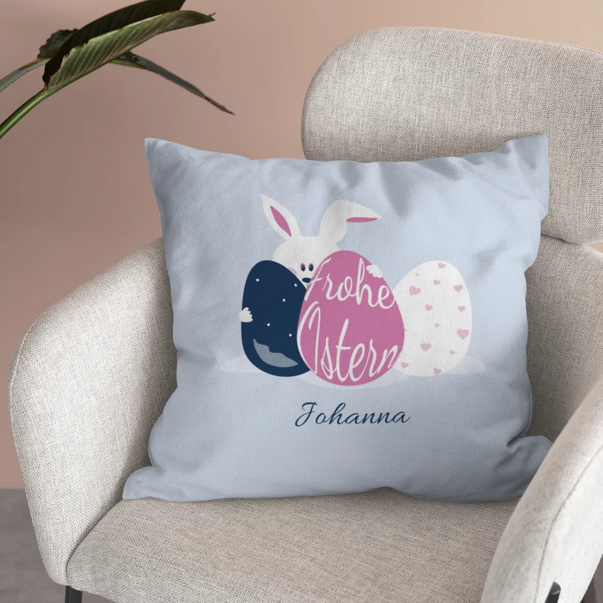 Namenskissen Osterhase - Samtkissenbezug frecher Hase - mit Namen personalisierbar - Osterdeko - Geschenkidee Ostern Hase Ostereier 40 x 40 cm