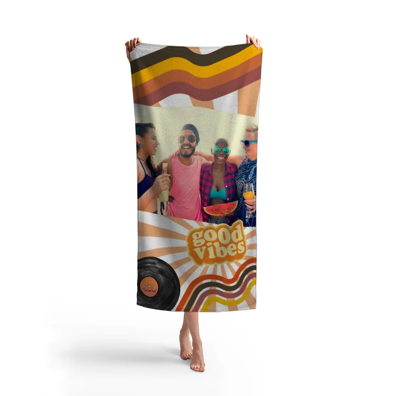 Strandtuch Good Vibes im Retro-Look - mit Foto personalisierbar - Foto-Badetuch für Urlaub, Bad, Strand - Good Vibes