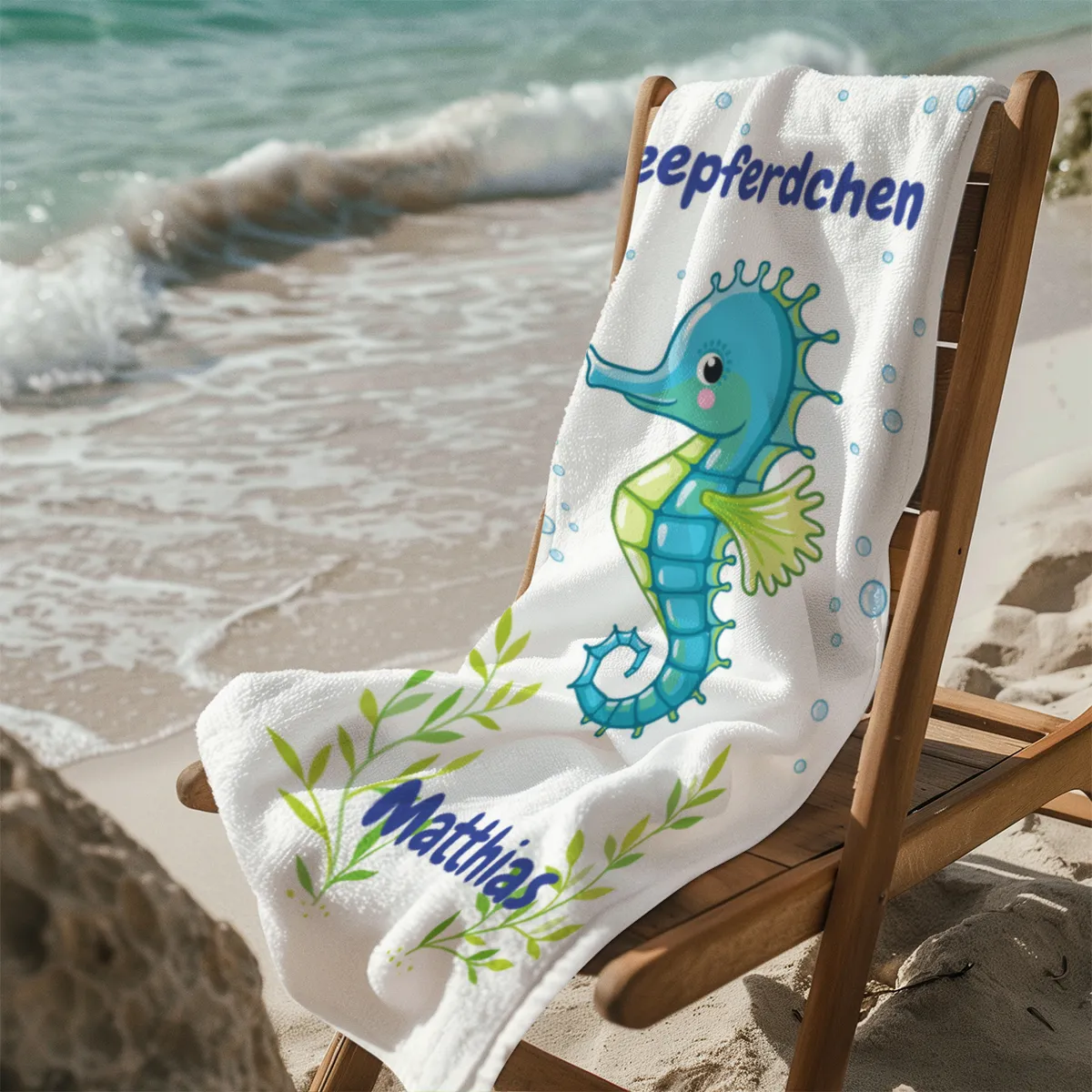 Duschtuch mit Namen personalisierbar - personalisiertes Namens-Duschtuch mit Wunschtext - Seepferdchen blau