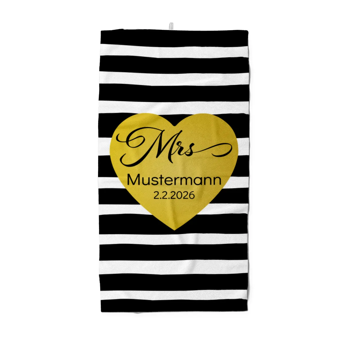 Badetuch mit Namen personalisierbar - personalisiertes Namens-Badetuch - Strandtuch mit Wunschtext - Geschenkidee Hochzeit, Paar - Motiv Misses Heart Stripes