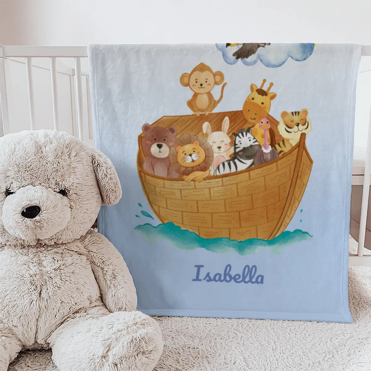 Wohndecke mit Namen personalisierbar, Kuscheldecke, Namensdecke mit niedlichem Tiermotiv, Geschenkidee Geburtstag Motiv Tiere Arche 140 x 200 cm