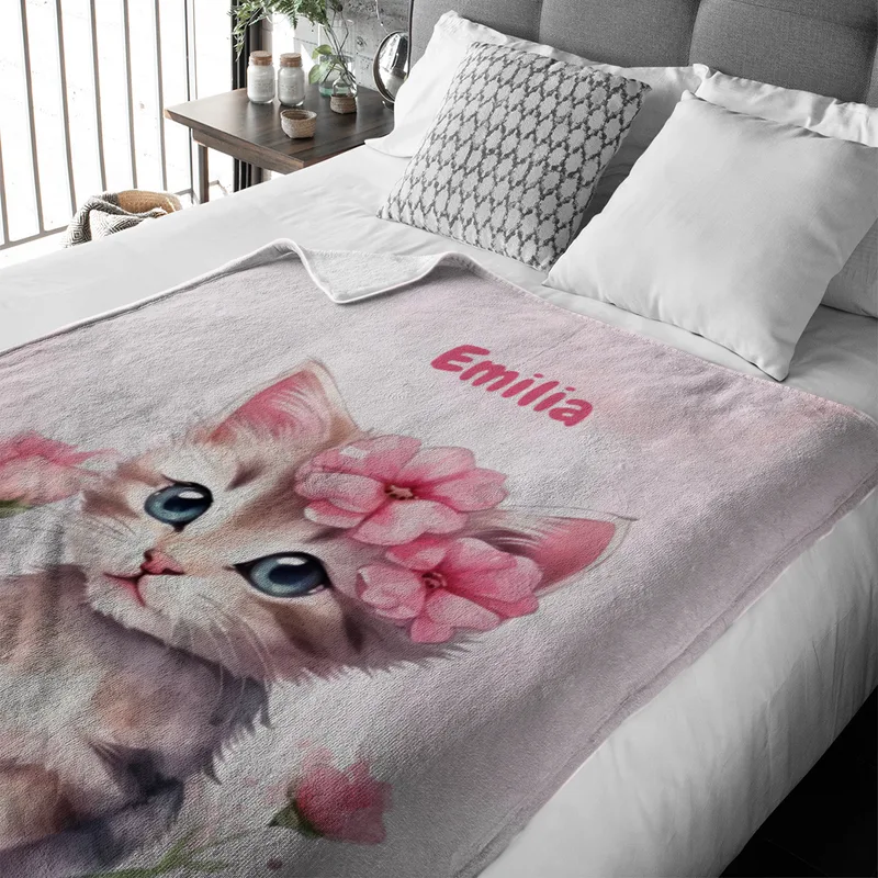 Wohndecke mit Namen personalisierbar, Kuscheldecke, Namensdecke mit süßem Kätzchen, Geschenkidee Geburtstag Motiv Katze rosa 140 x 200 cm