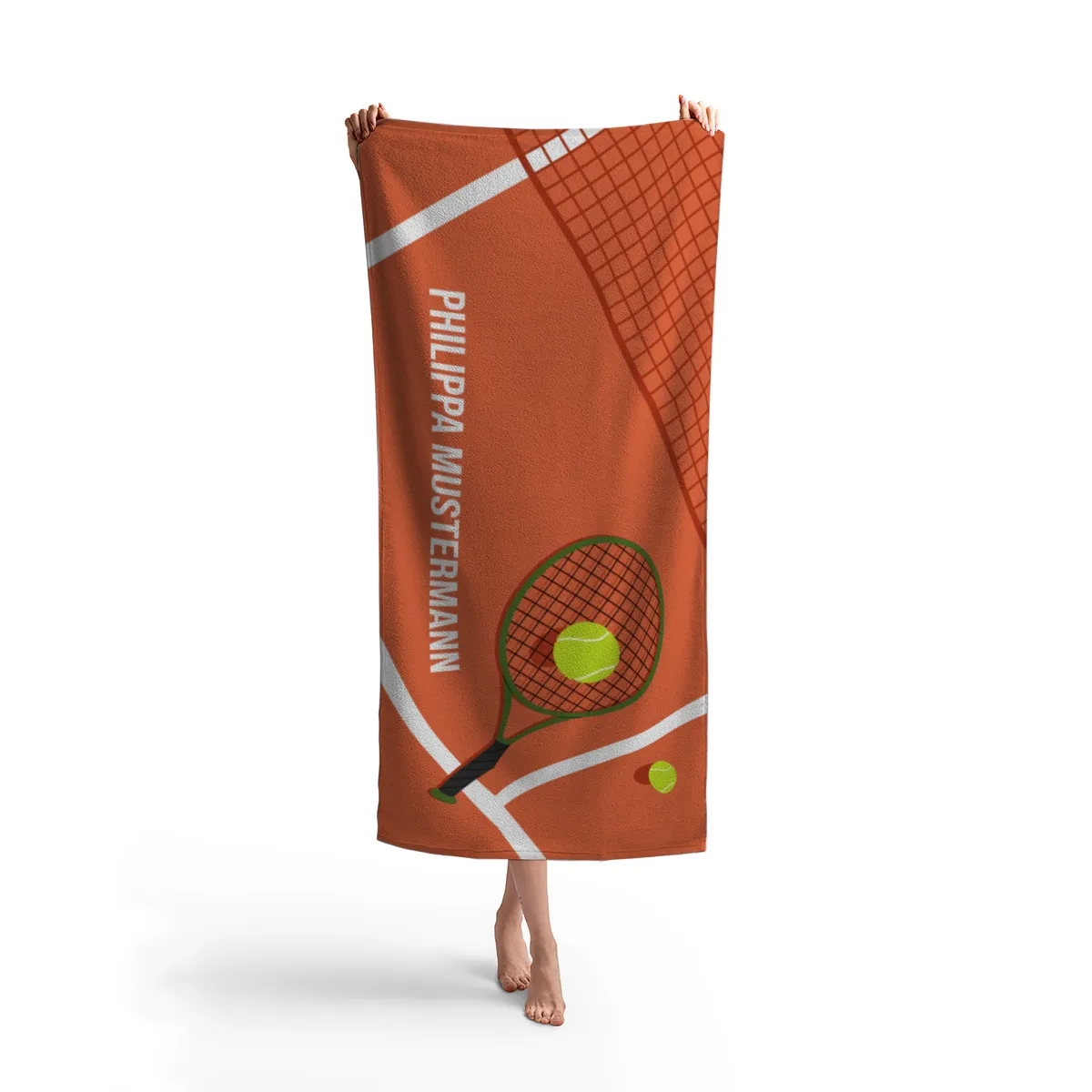 Badetuch Sport - mit Namen personalisierbar - personalisiertes Namens-Badetuch - Strandtuch mit Wunschtext - Tennis orange
