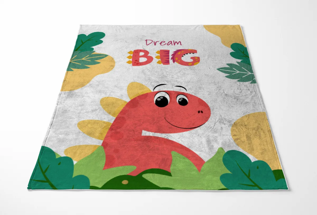 Wohndecke Dream big mit Namen personalisierbar, Kuscheldecke, Namensdecke mit niedlichem Dino, Geschenkidee Geburtstag Motiv Dino rot 140 x 200 cm