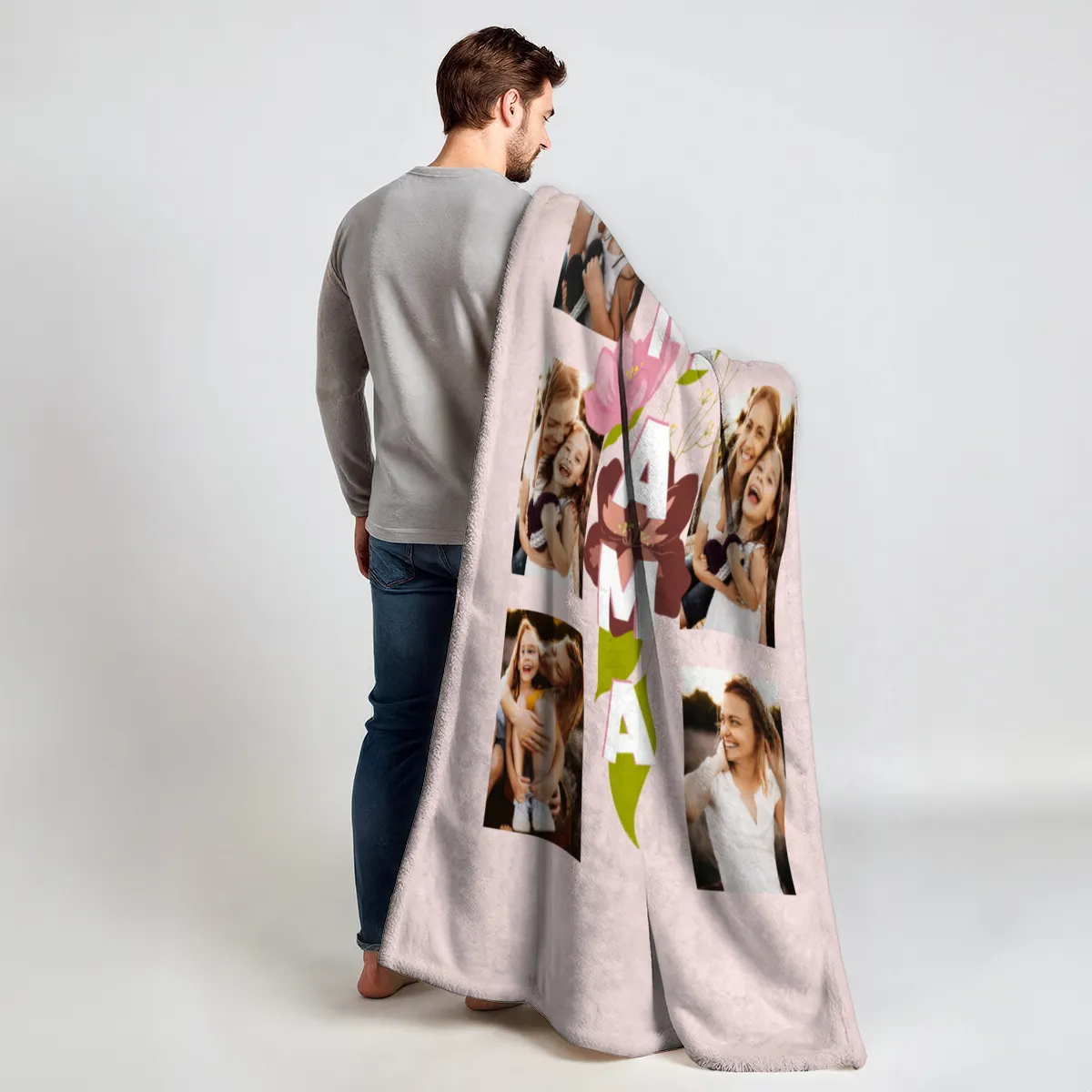 Kuscheldecke Mama Blüten 140 x 200 cm - mit 6 Fotos personalisierbar - Fotodecke selbst gestalten - Geschenkidee Muttertag Mama Blüten 6 Fotos 140 x 200 cm
