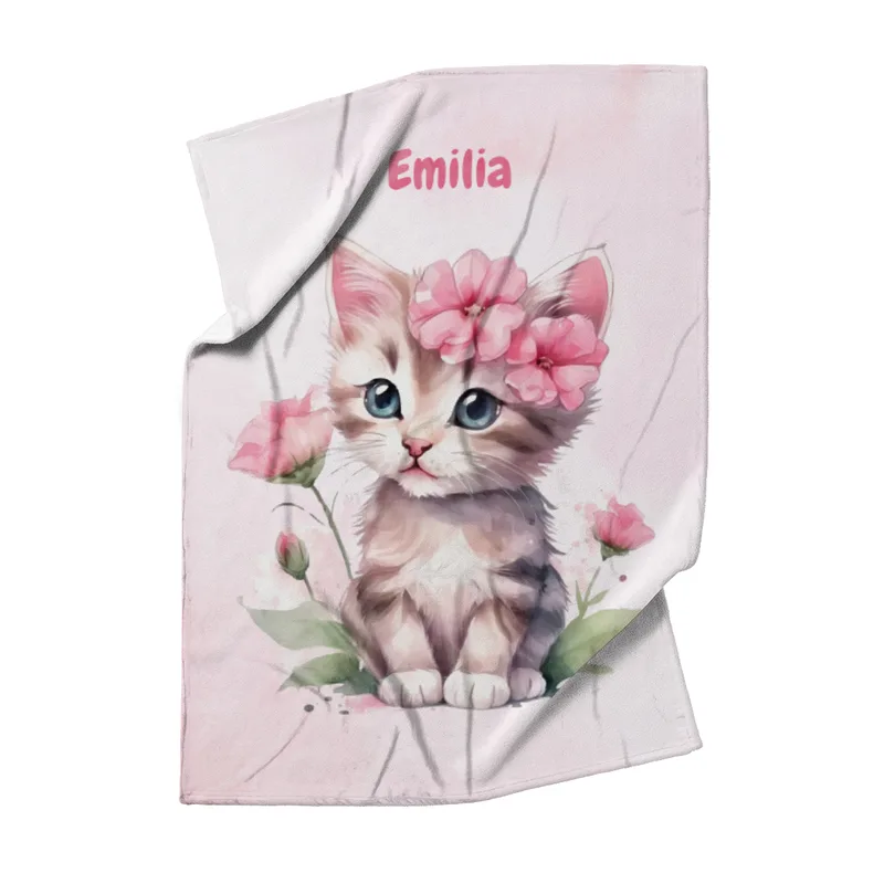 Wohndecke mit Namen personalisierbar, Kuscheldecke, Namensdecke mit süßem Kätzchen, Geschenkidee Geburtstag Motiv Katze rosa 140 x 200 cm