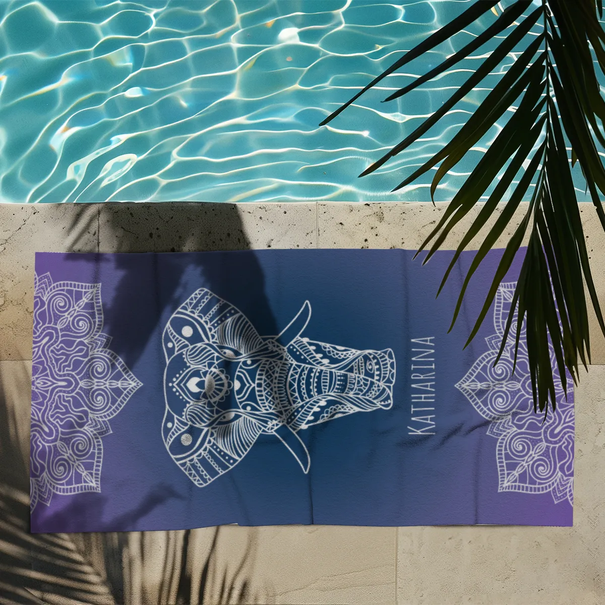 Badetuch Sommer - mit Namen personalisierbar - personalisiertes Namens-Badetuch - Strandtuch mit Wunschtext - Mandala Elefant
