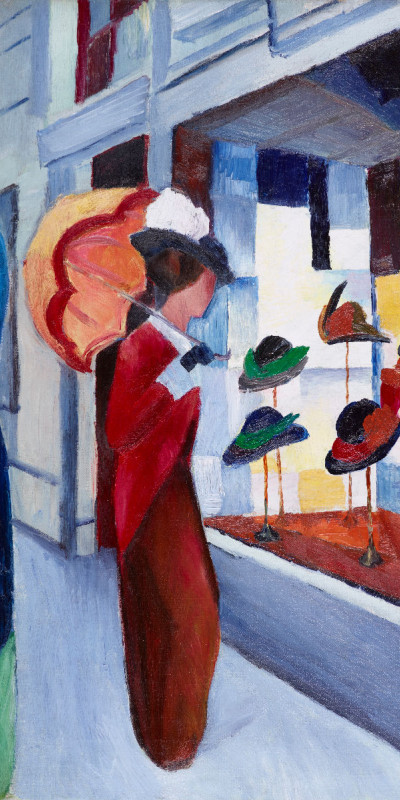 Handtuch Modes: Frau mit Sonnenschirm vor Hutladen - August Macke